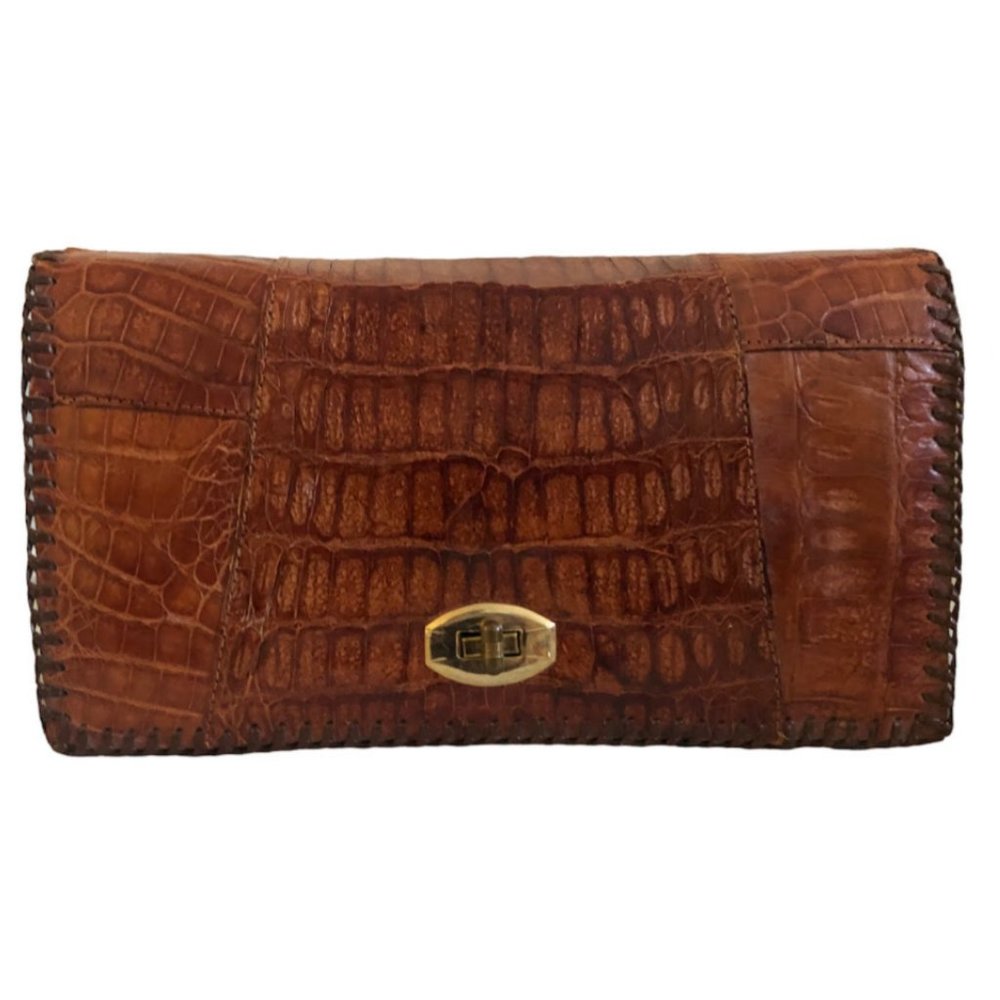 Stunning vintage tan/brown Crocodile Clutch, 70’s, handmade